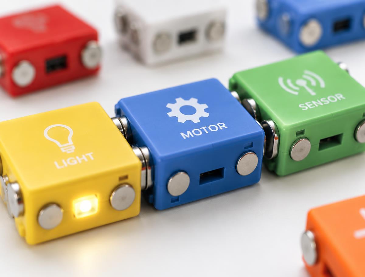 Close-up of Chromatic modular electronic blocks snapping together