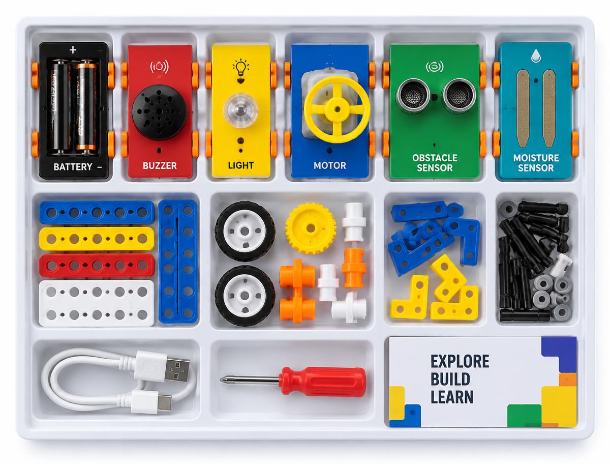 Chromatic kit tray with battery, buzzer, light, motor, obstacle and moisture sensor blocks